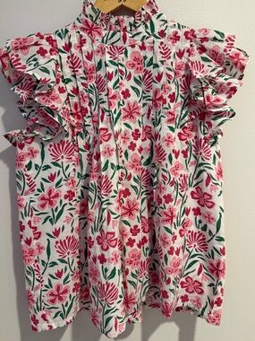 Victoria Dunn Floral Ruffle Sleeve Blouse Pink Green Cotton Preppy Women's XS